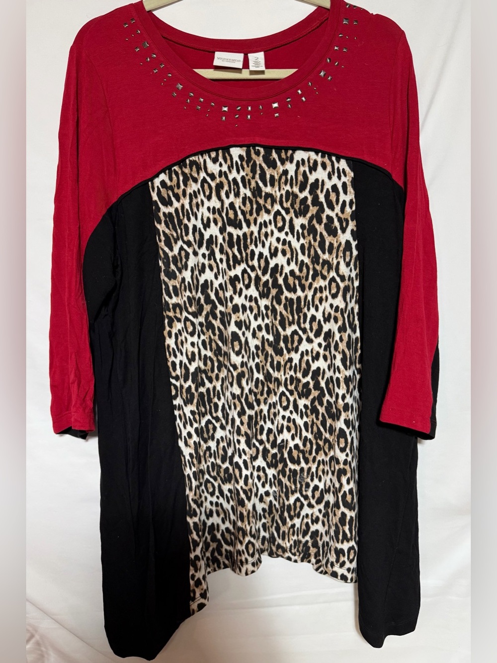 Weekends By  Chicos Top Womens Colorblock Animal Print Tunic  Size 2 Large (12)